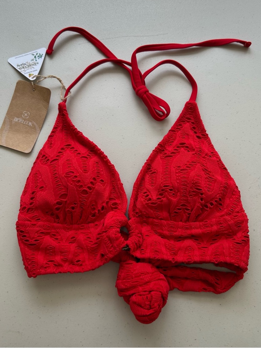 Berlook Bikini Top Small Red Textured Halter Swimwear